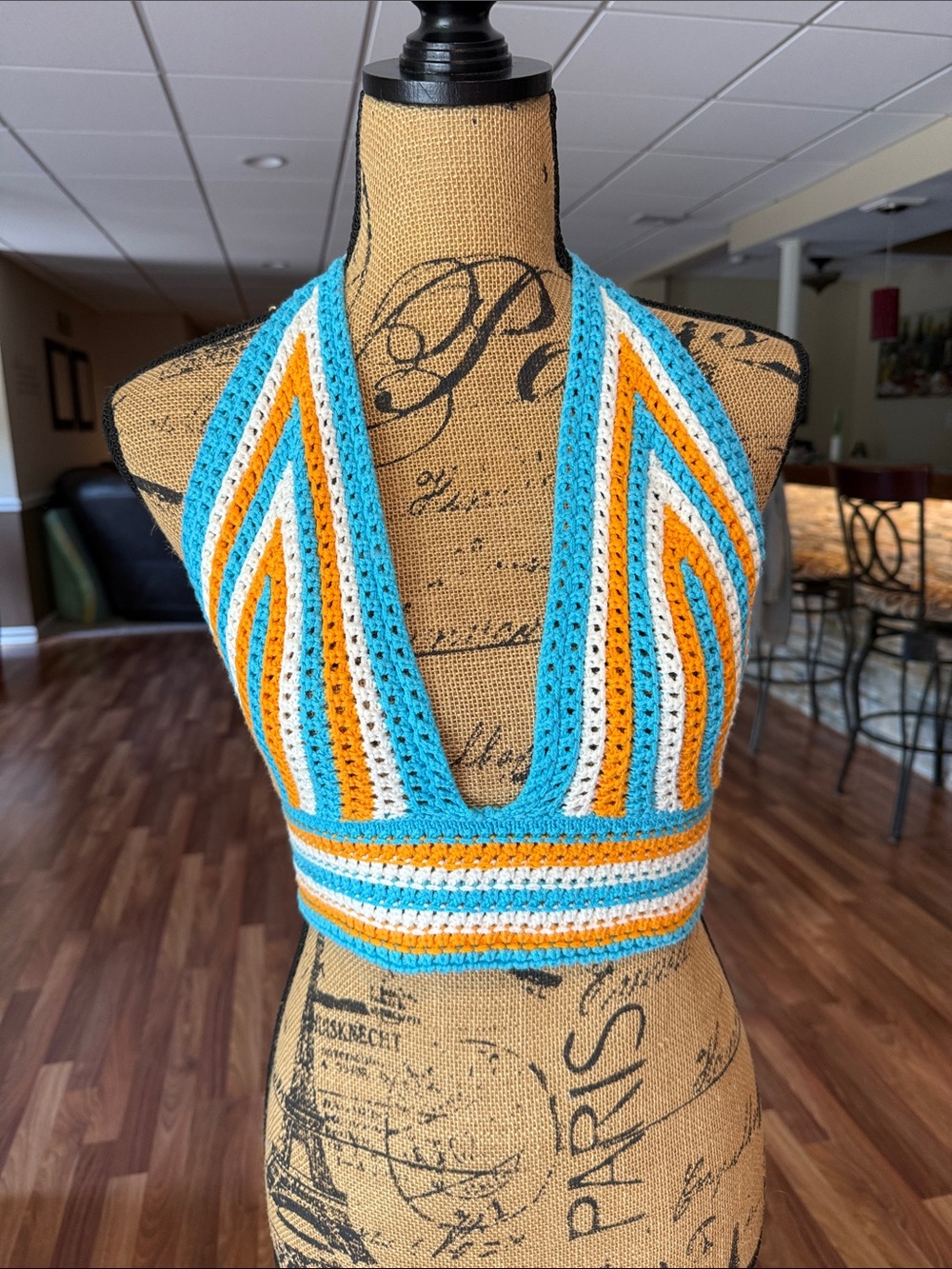 Double Zero size Large crochet knit halter top blue white and orange